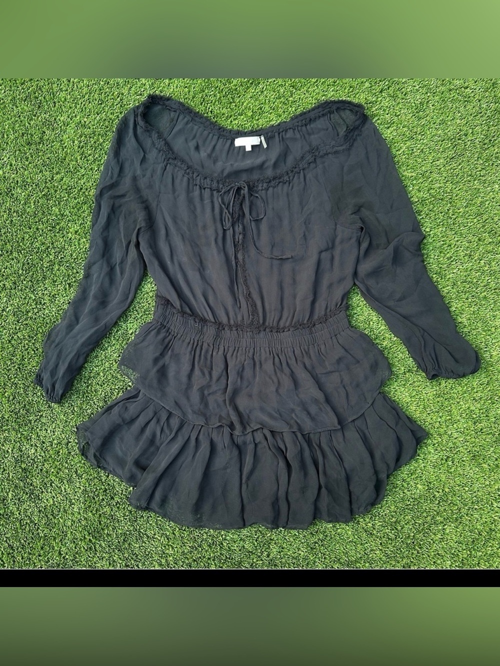 LoveShackFancy Tie Front Ruffle Tiered Mini Dress Black Long Sleeve SzS Coquette